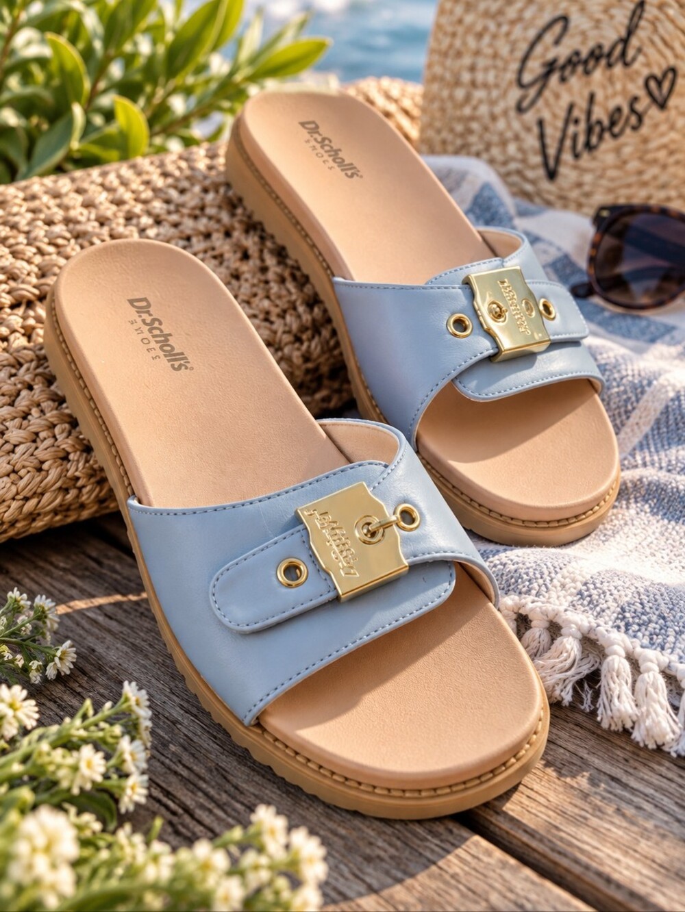 Dr. Scholl's Light Blue Slide Sandals with Gold Hardware